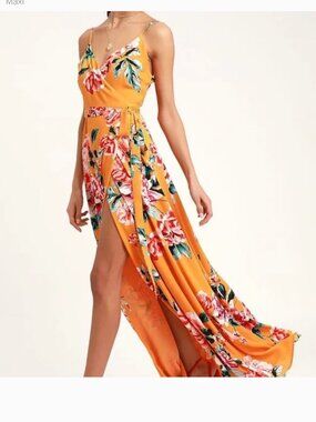 LULUS NWT Floral Flirtation Orange Floral Print Wrap Maxi Dress size small
